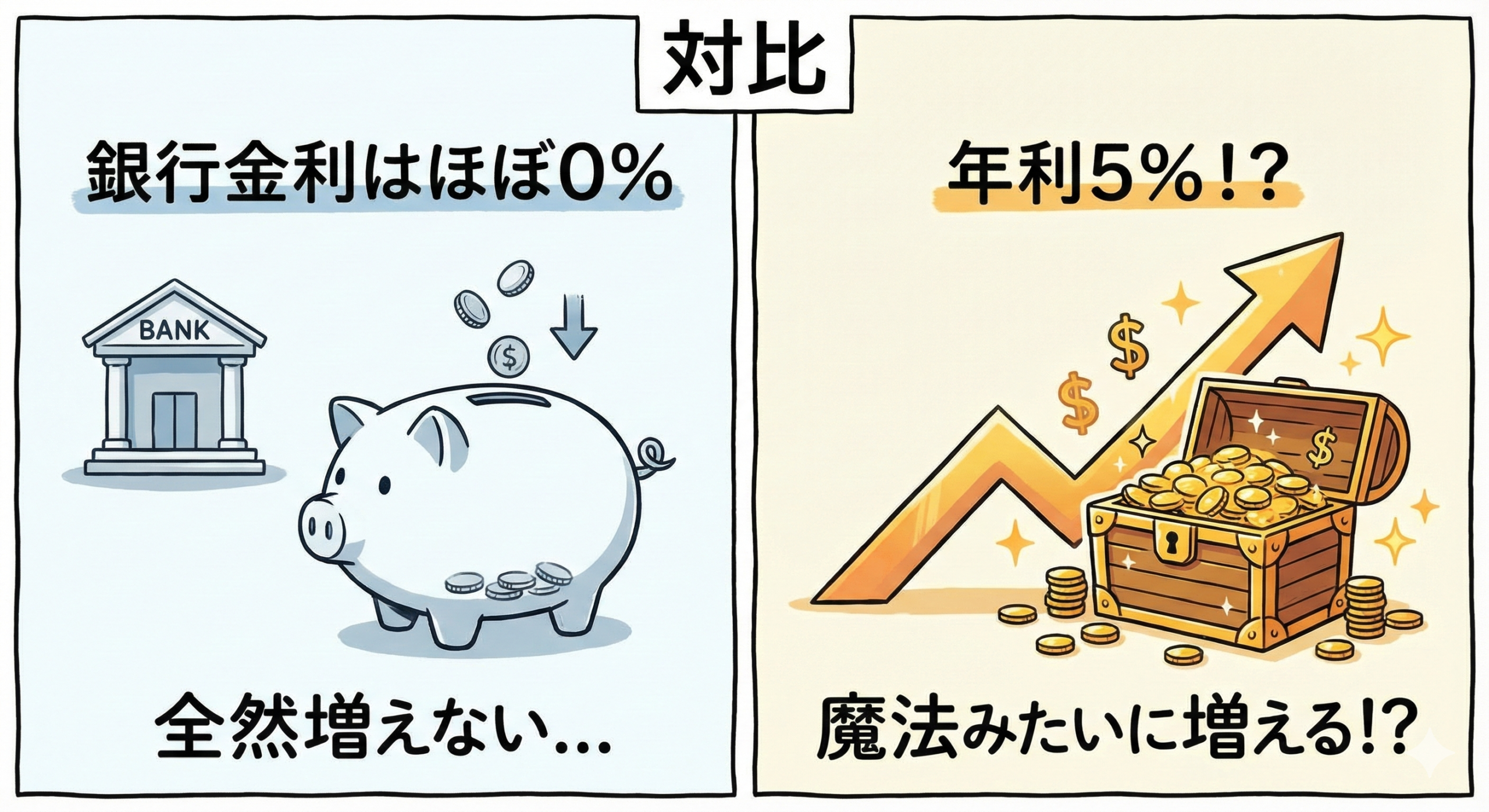 銀行金利はほぼ0%vs年利5%の対比